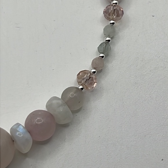 ROSE QUARTZ, MOONSTONE, MORGANITE, PINK AB CRYSTAL, AND STERLING NECKLACE 17” - Picture 13 of 15